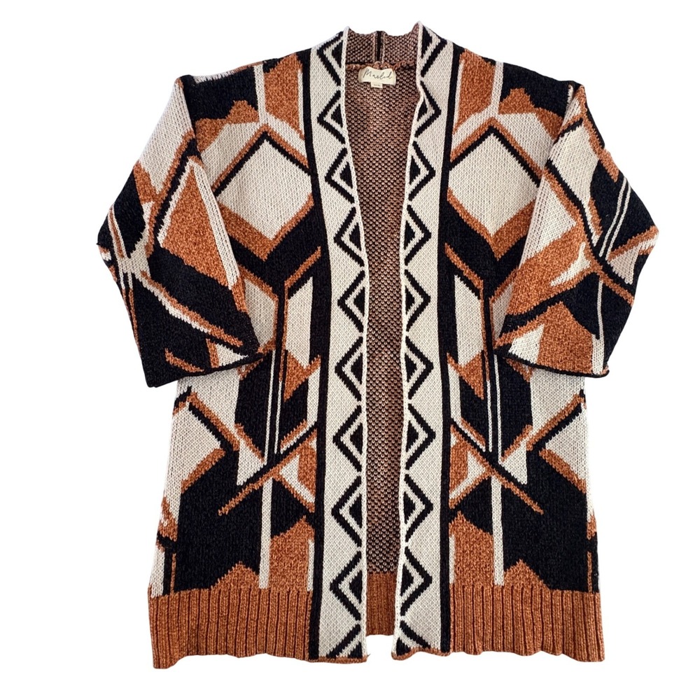Marled Geometric Knit Cardigan Womens XS Open Front Southwestern Sweater Rust